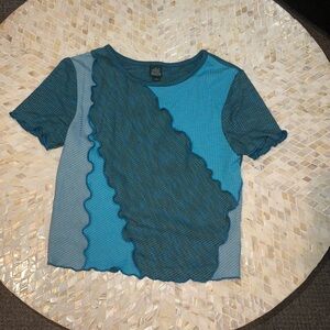 Wild Fable Teal and Blue Scalloped Short Sleeve Top